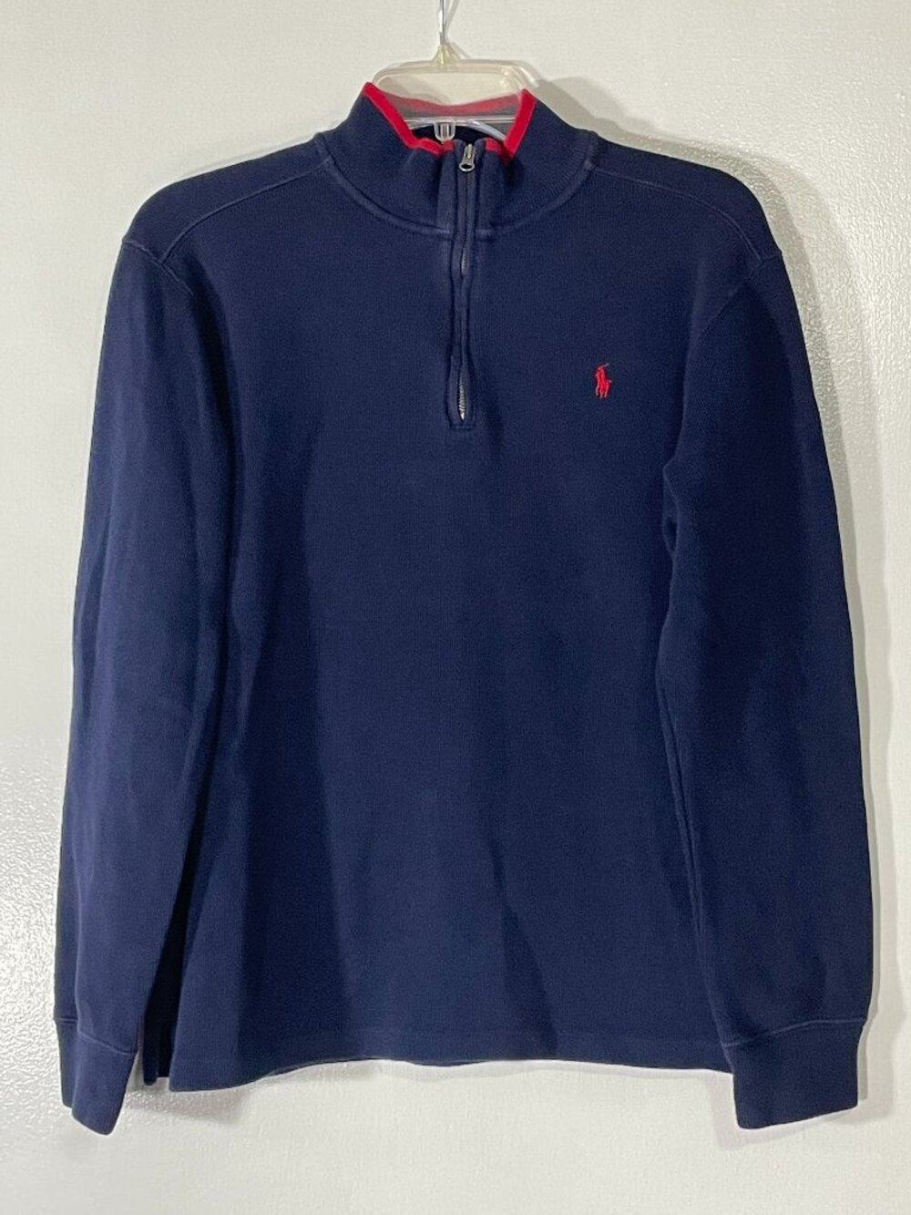 Polo Ralph Lauren Youth XL Navy Quarter Zip Sweater Red Trim Cotton Great